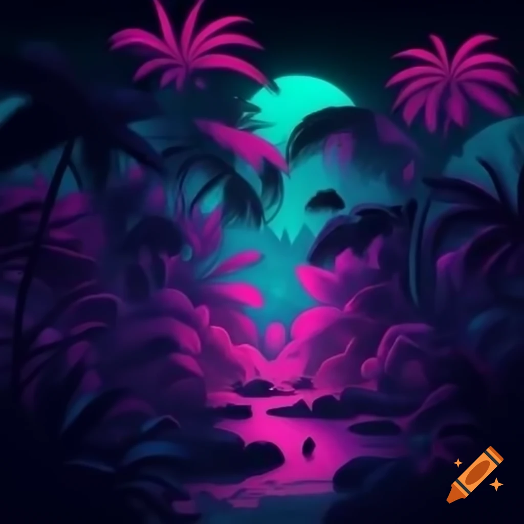 Vibrant neon jungle with bright colors and lush greenery