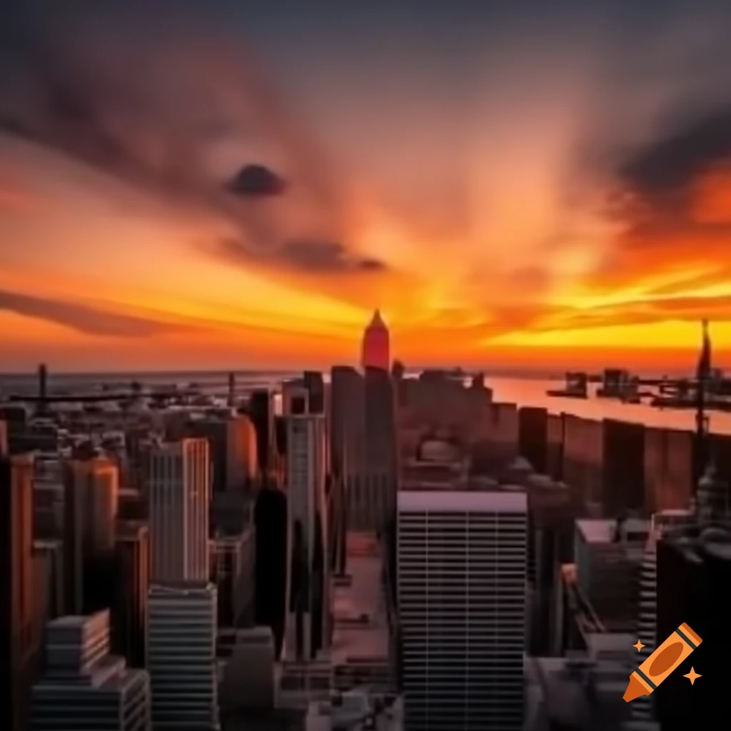 City skyline at sunset with vibrant colors