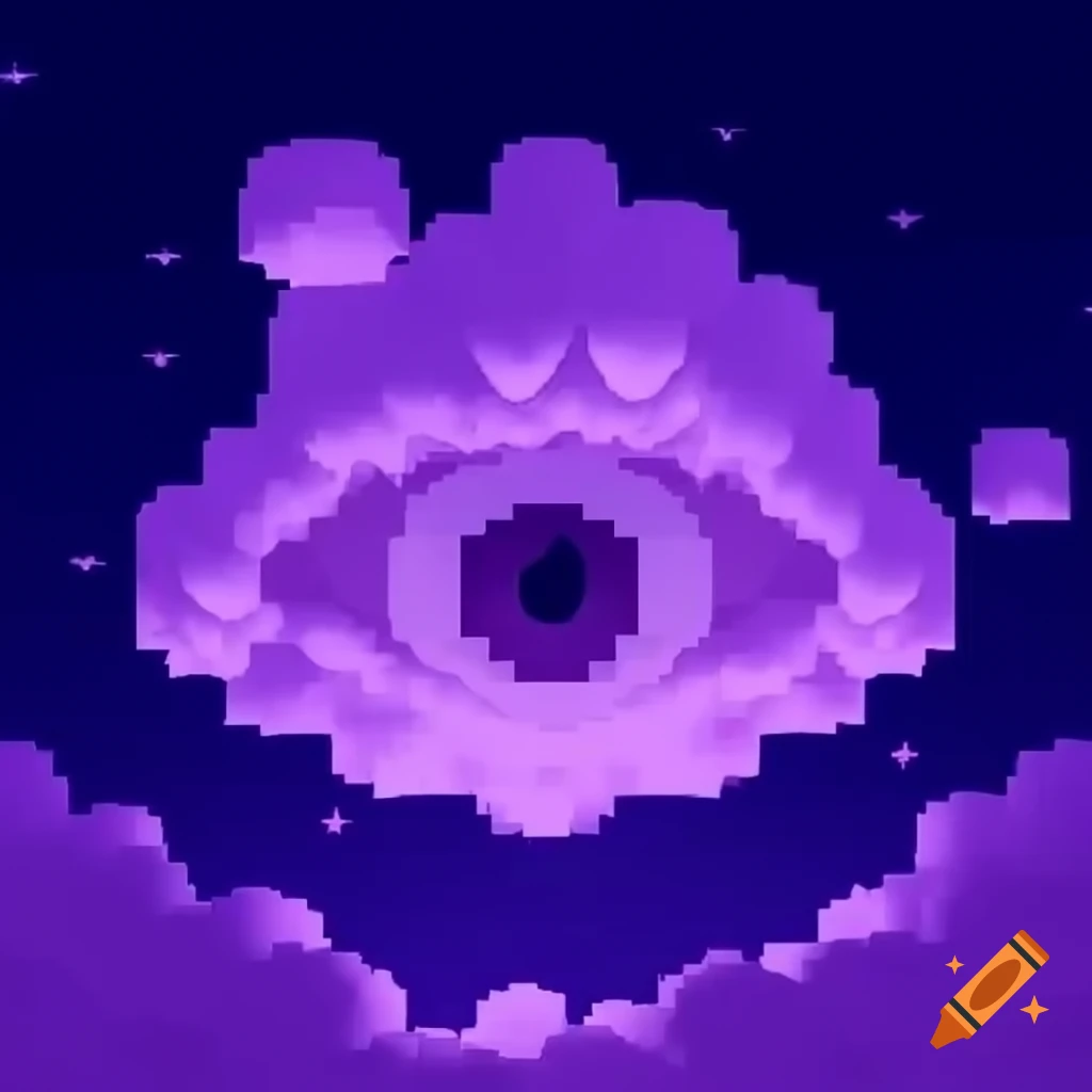 Pixelated purple floating eye with lighter purple clouds