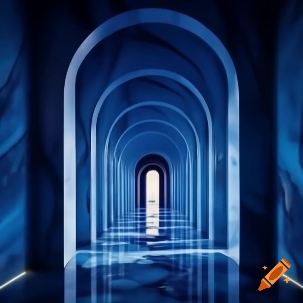 Surreal vibrant blue marble hallway with curved ceilings and columns