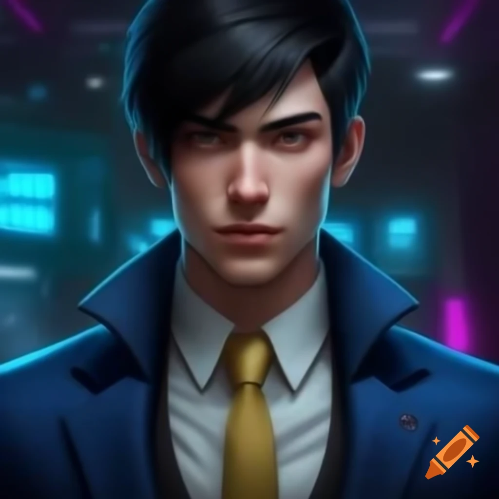 Male portrait in tailored blue suit against cyberpunk background