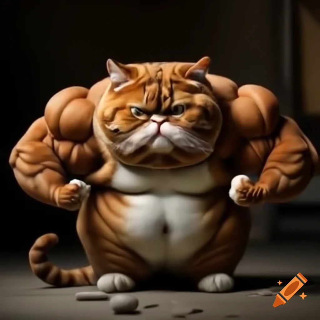 Muscular sad cat illustration