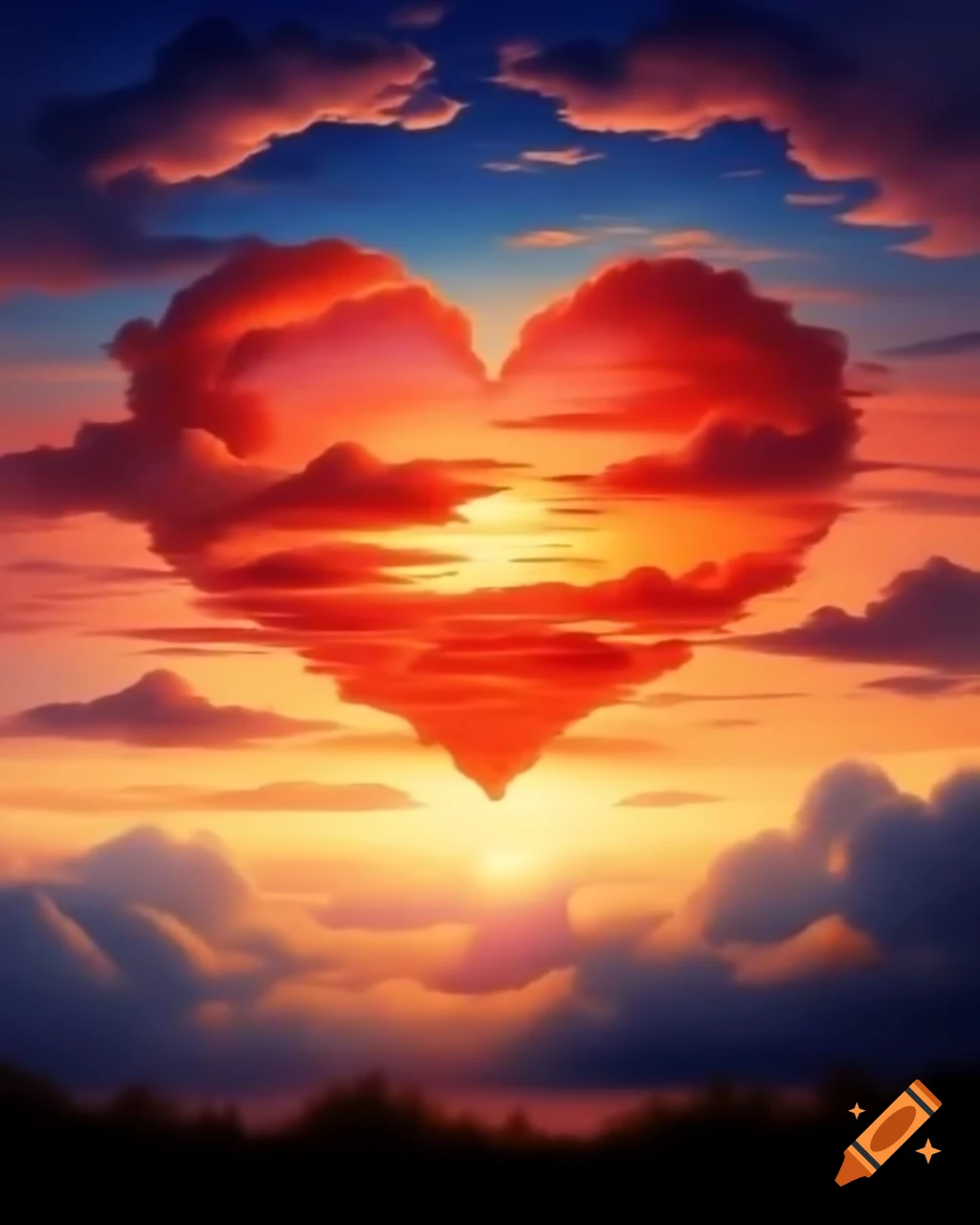 Sunset with heart-shaped clouds and warm hues, showcasing nature's artistry