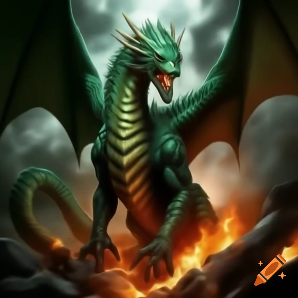 Colossal dragon with emerald scales twisting mid-air, tail sparking with fiery energy