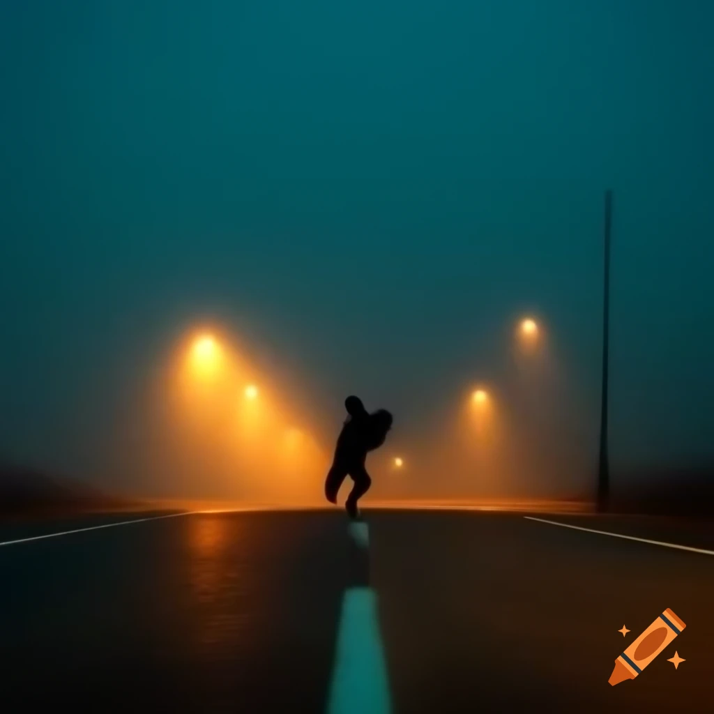 Eerie desolate highway with silhouette of bipedal deer in darkness