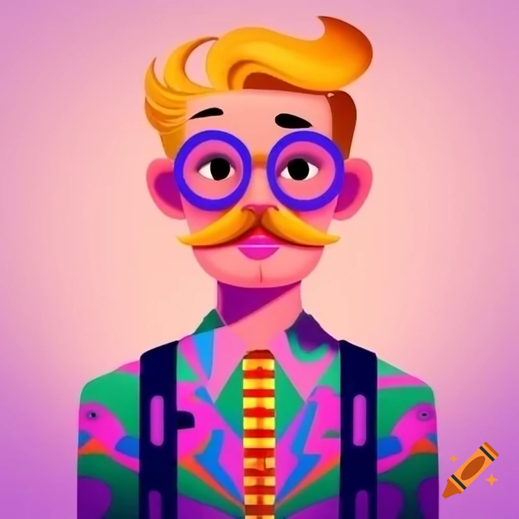 Stylish young man with blond hair and round glasses wearing 80s patterned shirt, showcasing his love for cats