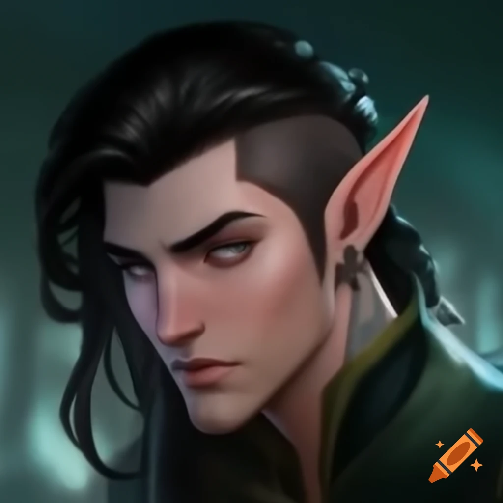 Young male elf bartender with dark hair and tattoos wearing a jacket