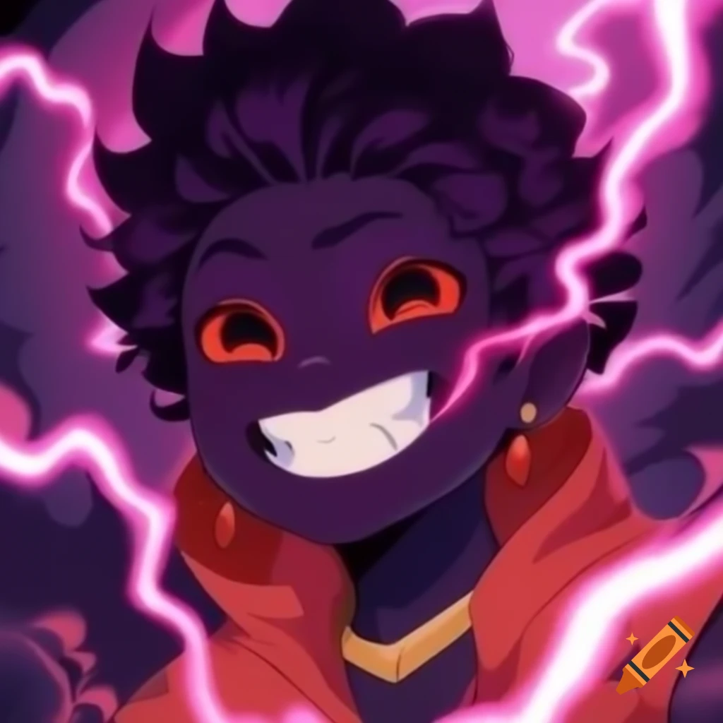 Vibrant anime character with dark skin and curly hair displaying cheerful energy