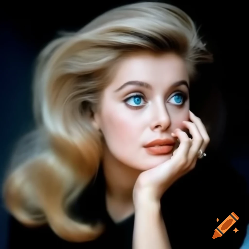Hyper-realistic photograph of a charming European actress from 1963 with porcelain skin and wavy golden hair