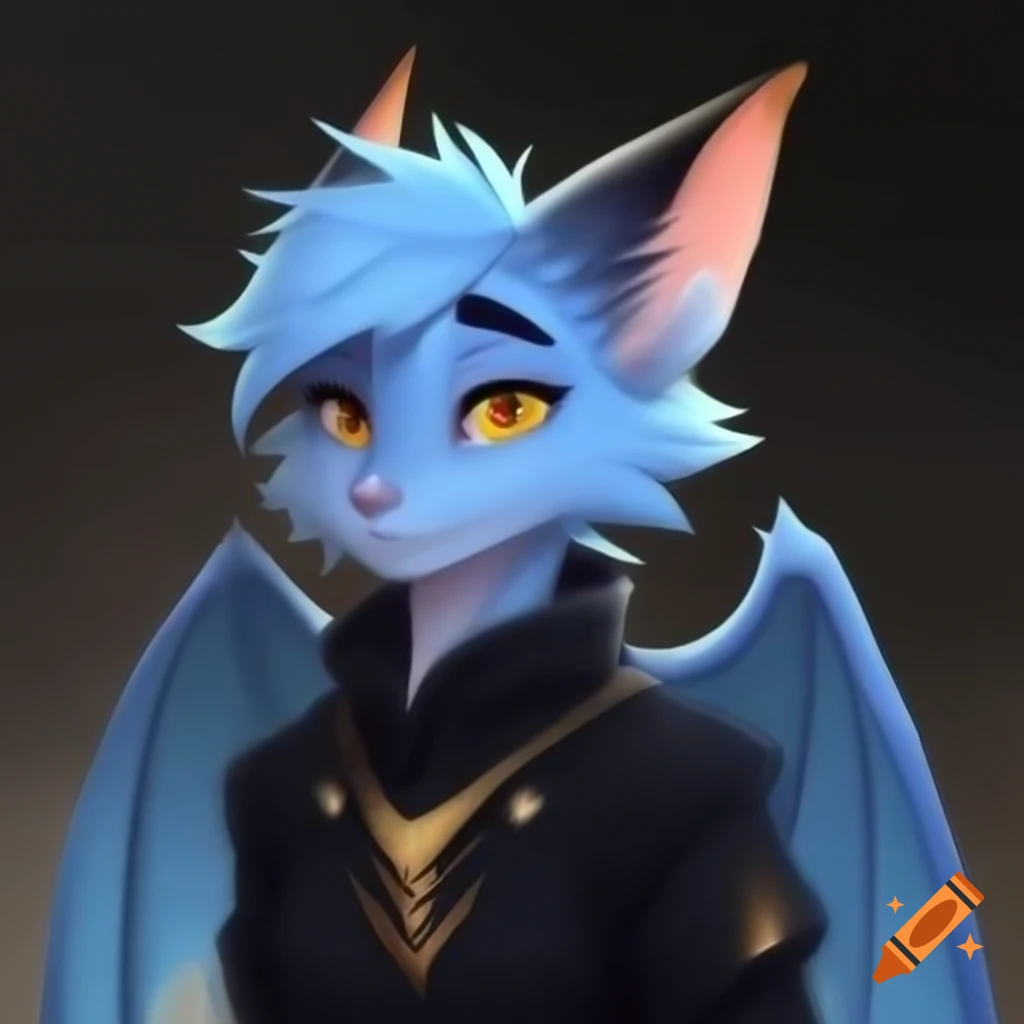 Light blue anthro fluffy dragon with black collar in necromancer attire and wings