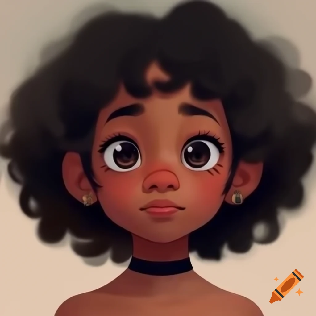 Cute anime girl with black skin and curly hair