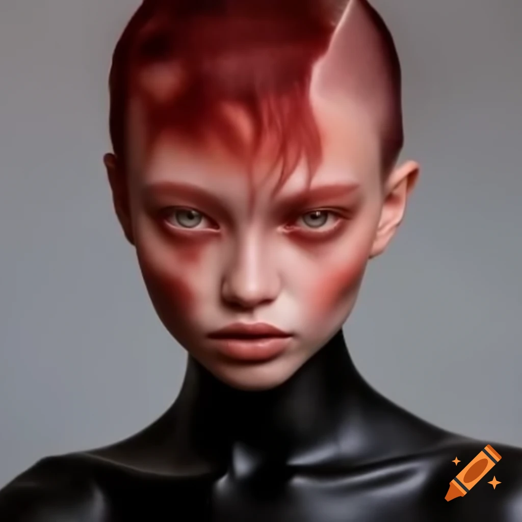 Young lady with pale skin and crimson red hair styled in a top-knot