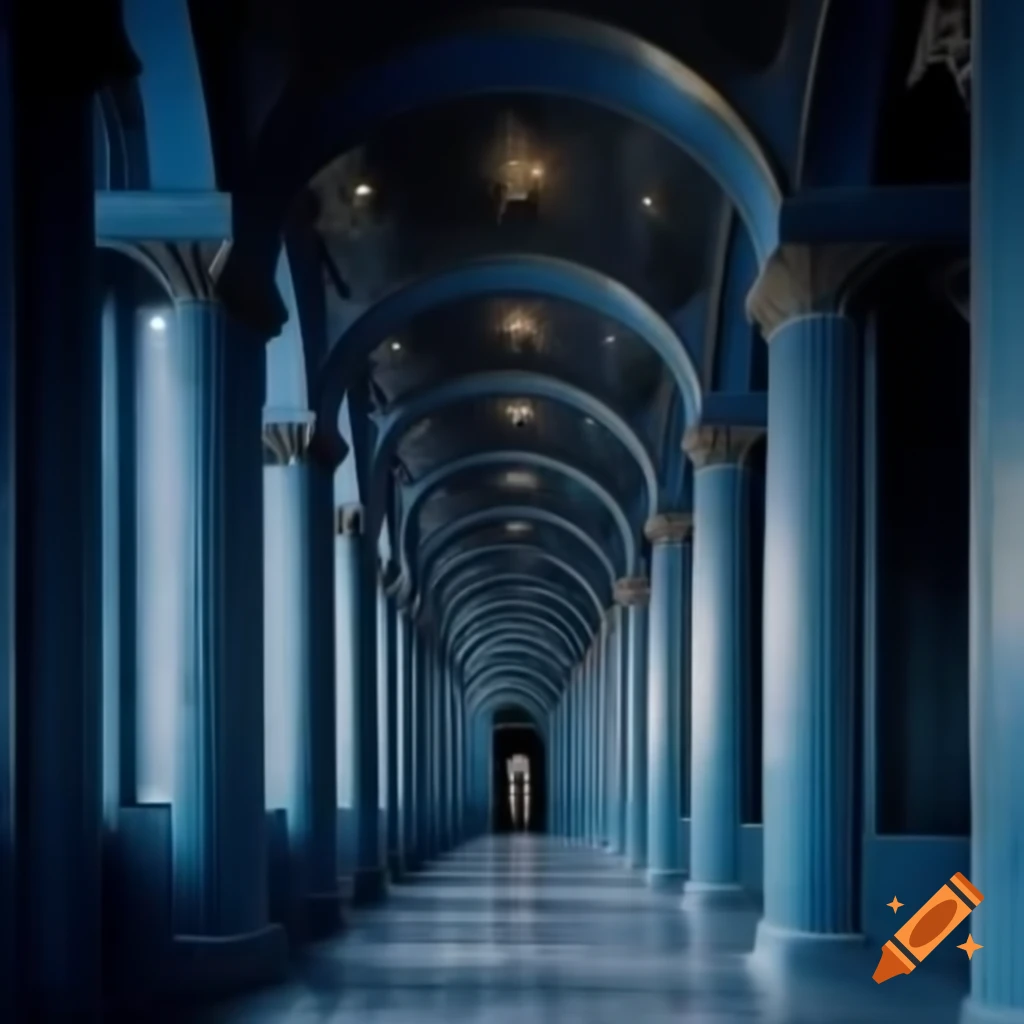 Surreal dark blue marble room with high ceilings and starry ceiling