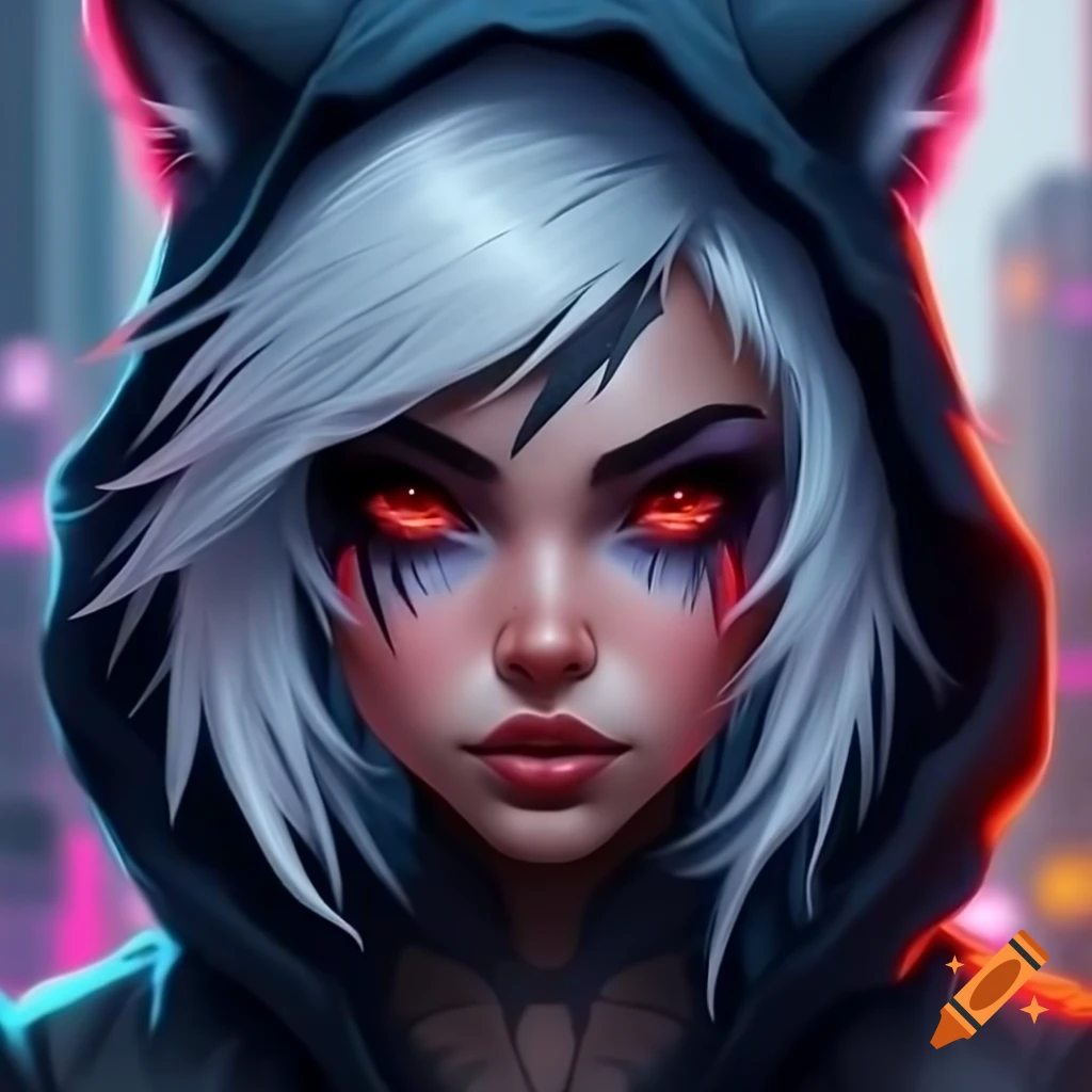 Cyberpunk netrunner girl with white hair and wolf ears in 4K HD