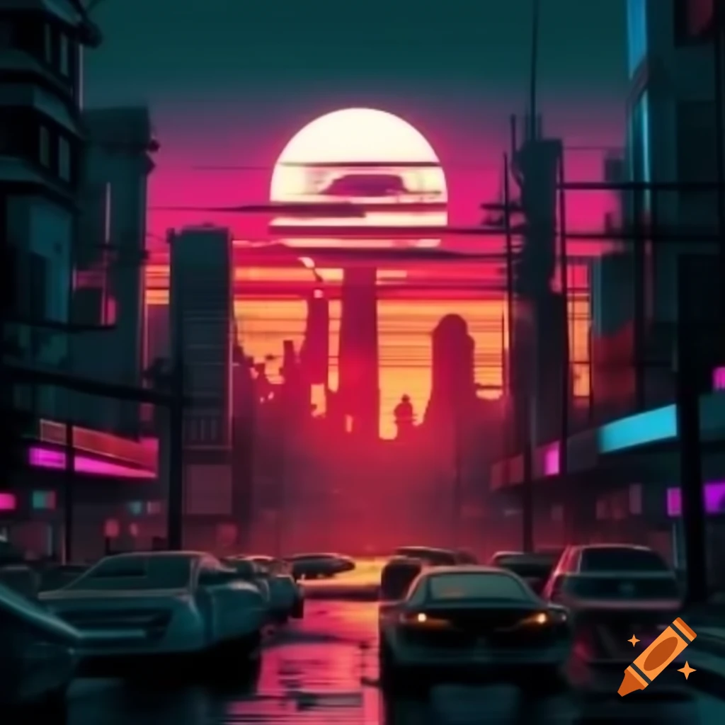 Dystopian sunset over a vibrant cyberpunk city