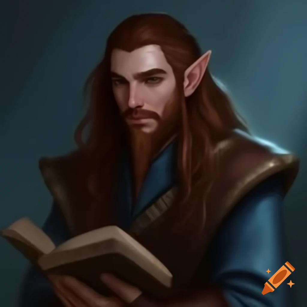 Young male elven wizard with brown hair and beard in blue leather coat holding a book