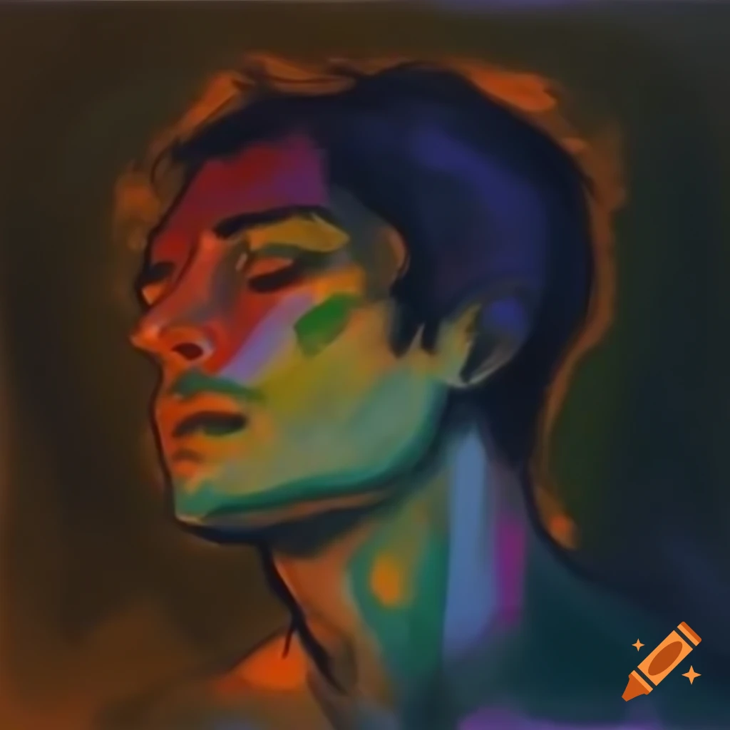 Emotional man's expression in vibrant abstract colors and dark surroundings