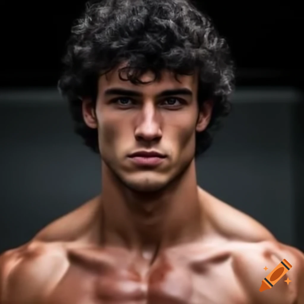 Handsome young man with curly black hair and greenish eyes, athletic build
