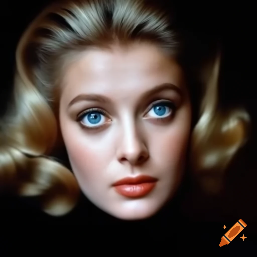 Hyper-realistic photograph of a charming European actress from 1963 with porcelain skin and wavy golden hair