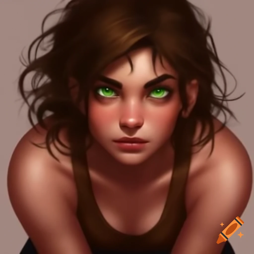 Cool and sarcastic woman with relaxed expression, messy brown hair, and green eyes