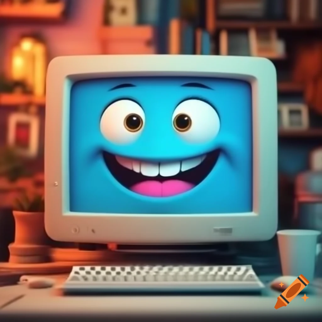 Personified happy computer with cheerful expression