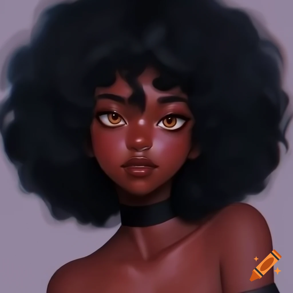 Cute anime girl with black skin and curly hair