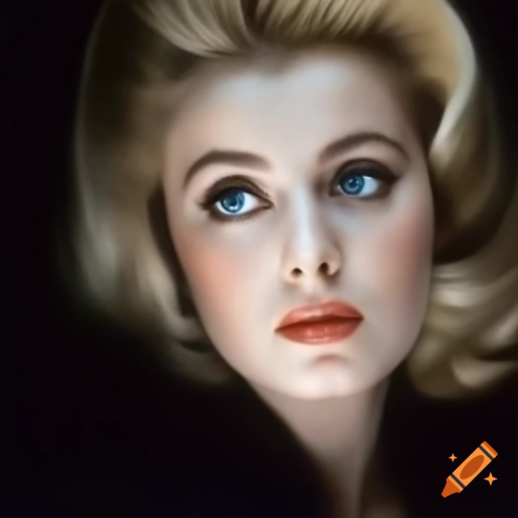 Hyper-realistic photograph of a charming European actress from 1963 with porcelain skin and wavy golden hair