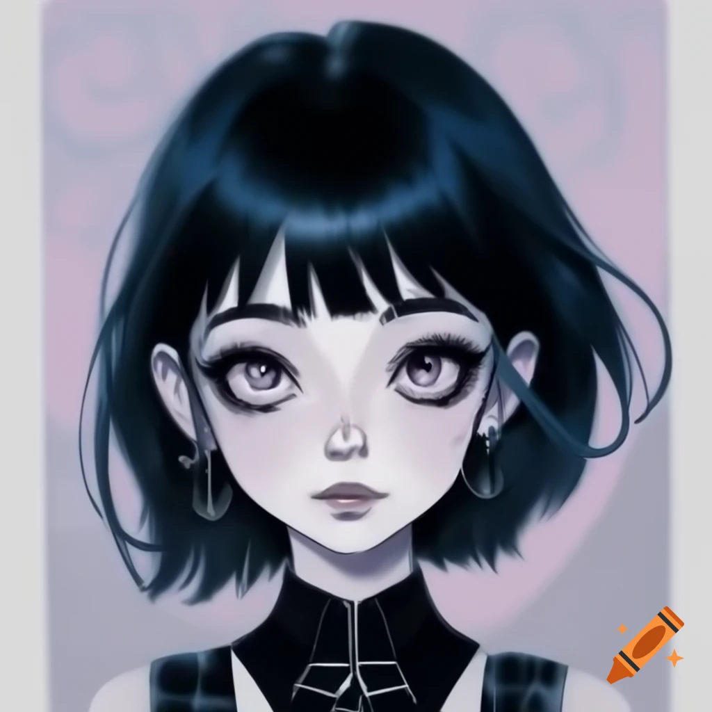 Line drawing portrait of cute goth girl in anime style