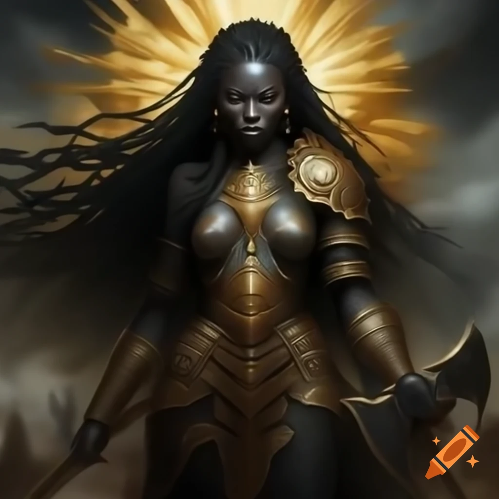 Mythical figure with gold streaks on grey skin, resembling strength and resilience