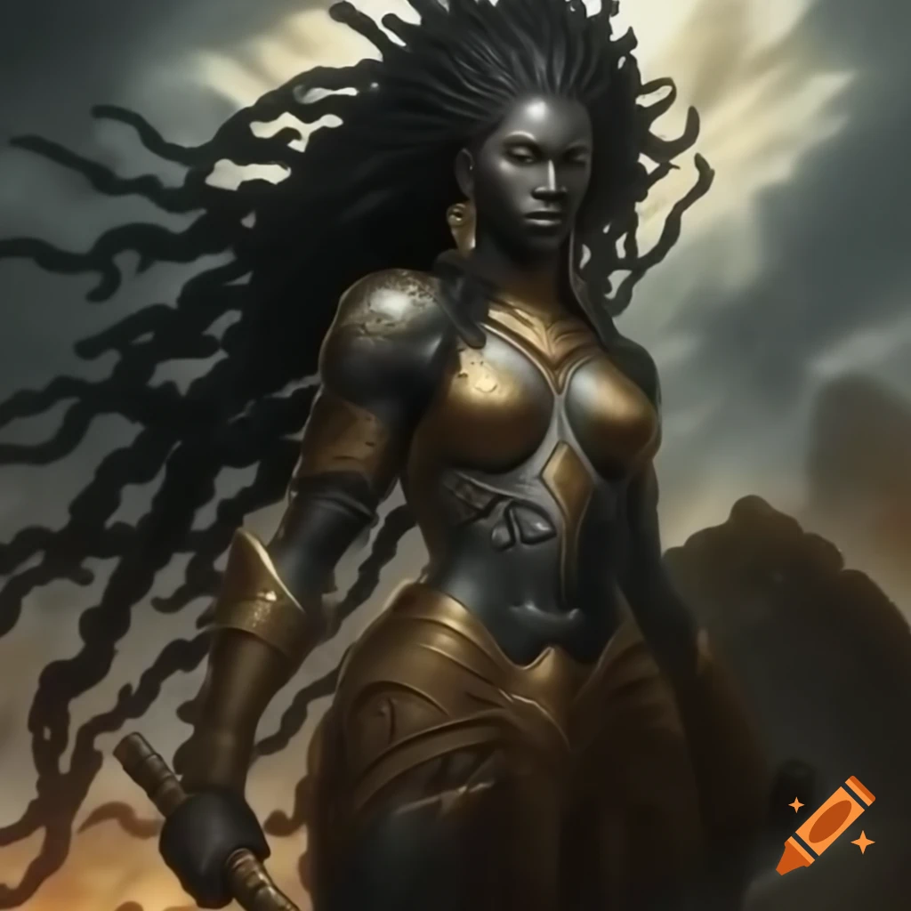Mythical figure with gold streaks on grey skin, resembling strength and resilience