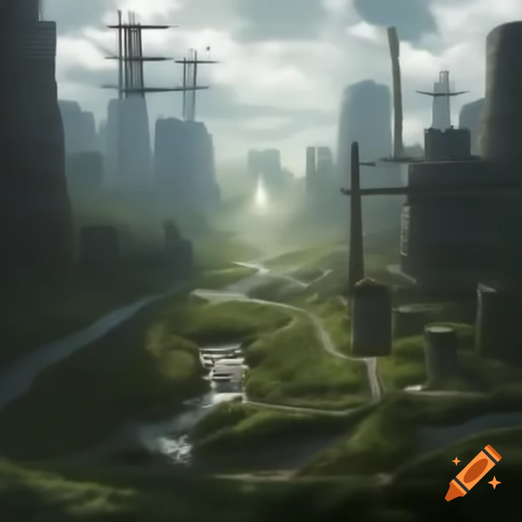 Urban city in a valley showcasing power and waste facilities with deteriorating infrastructure