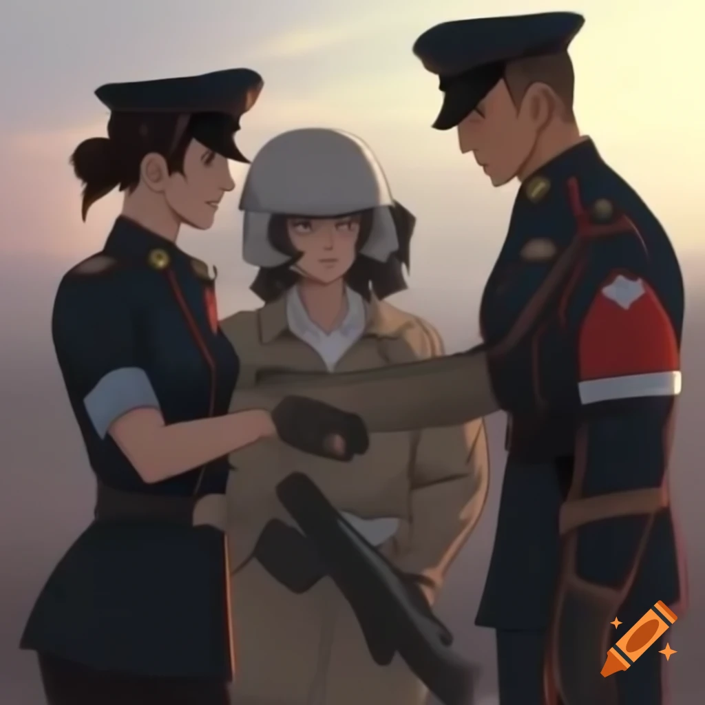 Female officer giving orders to male soldier holding a gun, manhwa style