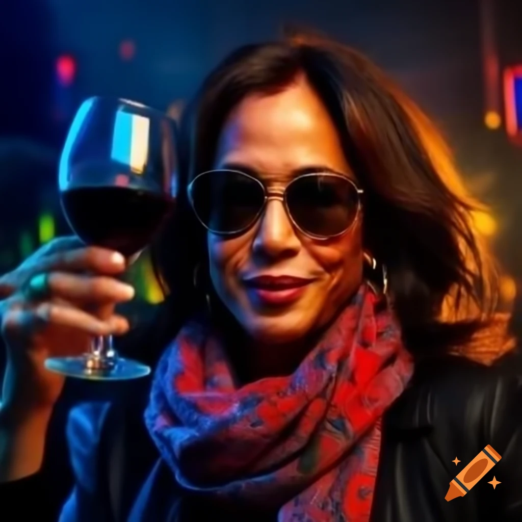 Vivid digital hyperreal portrait of Kamala Harris as a hipster wearing sunglasses, scarf, and colorful lights
