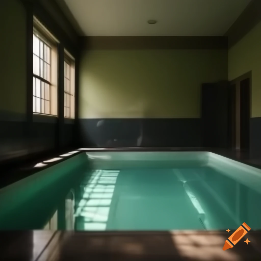 Dystopian infinite poolroom with beige walls and green water, illuminated by sunlight