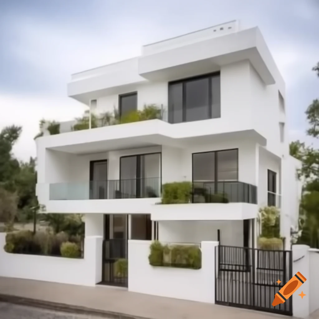 Two-story American style house with white walls and black tiles, featuring large elegant windows and balconies