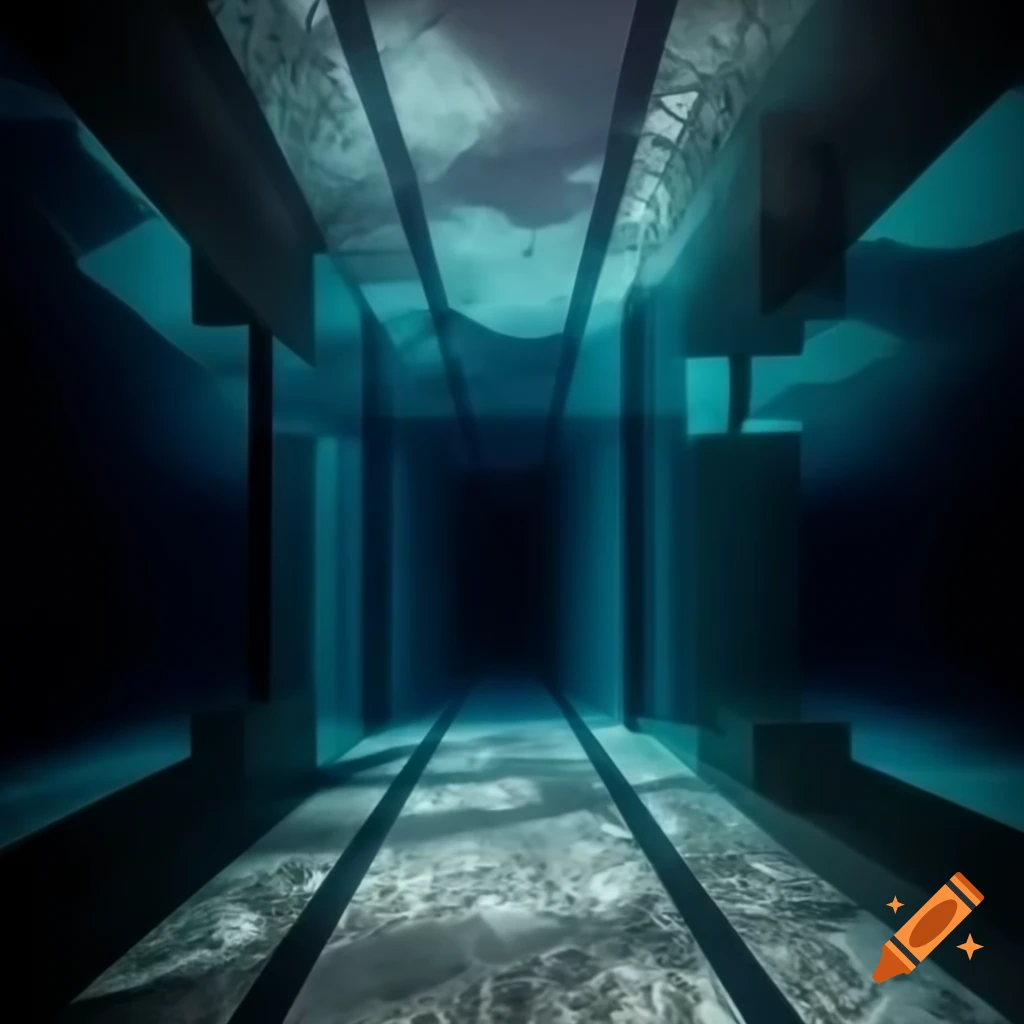 Empty narrow modern underwater halls with tile design