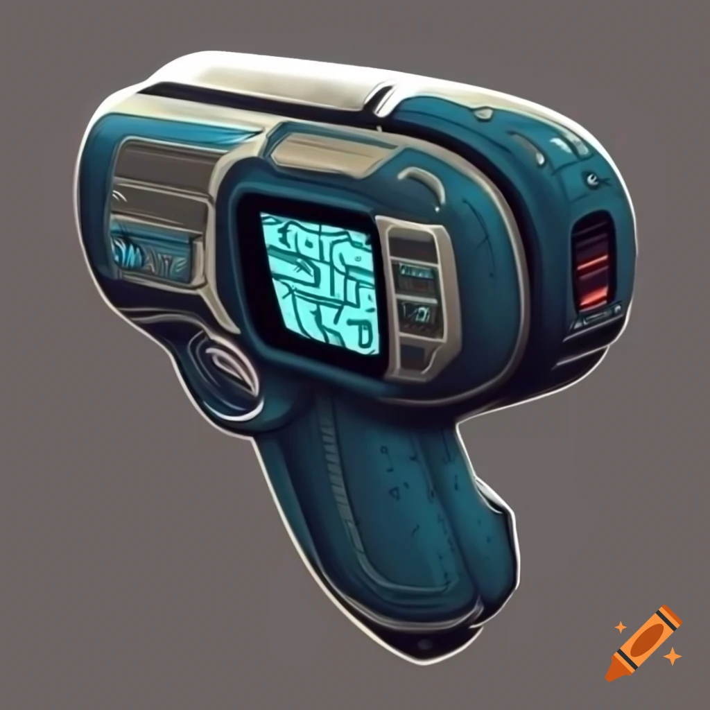 Futuristic handheld digital pet concept sketch with retro-futurist design