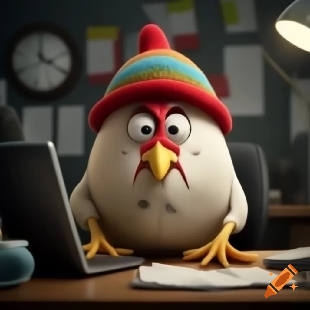 Humorous overwhelmed hen wearing felt hat in busy office environment on ...