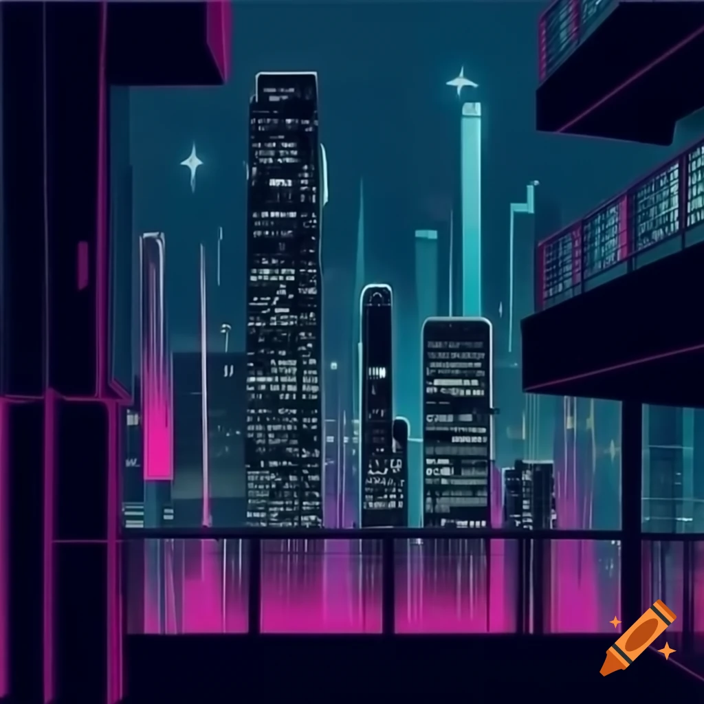 Vibrant cityscape at night with illuminated skyscrapers and reflections ...