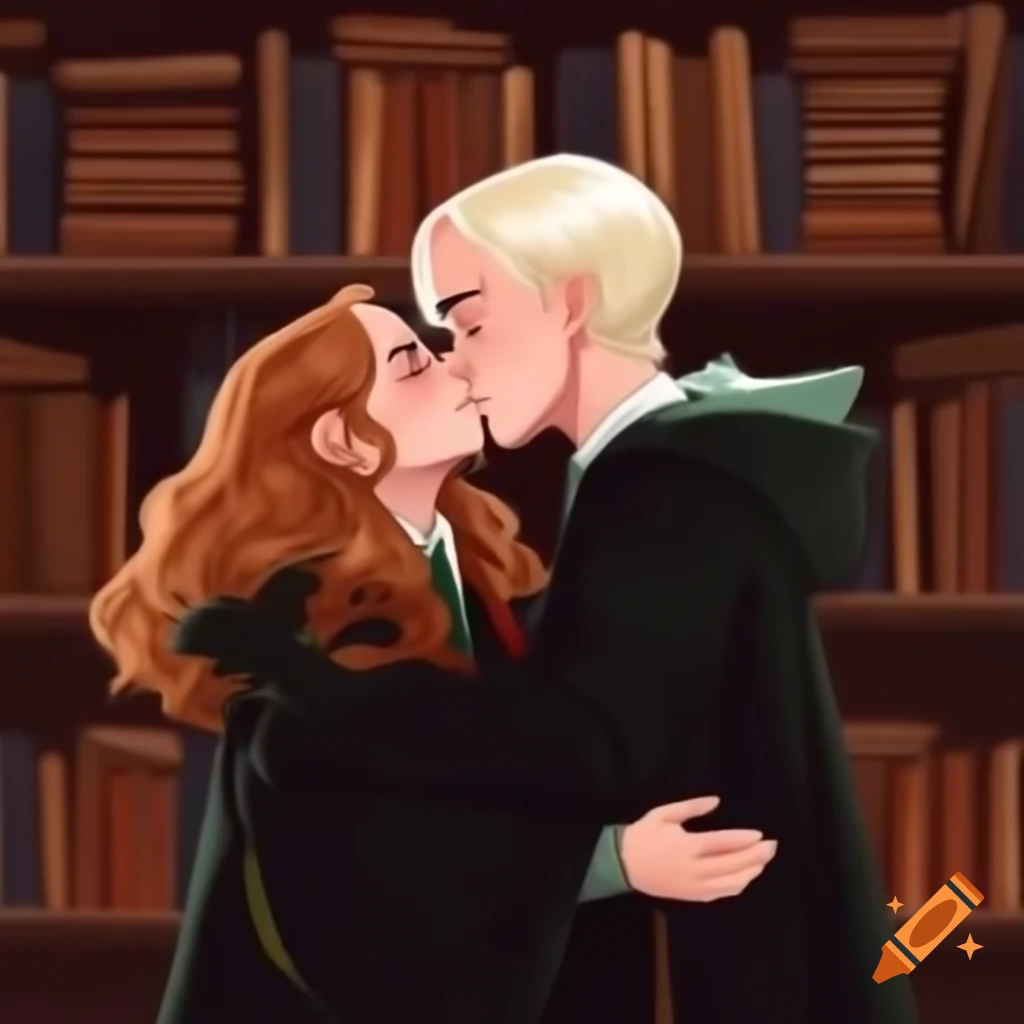 Romantic scene of Draco Malfoy and Hermione Granger in Hogwarts library