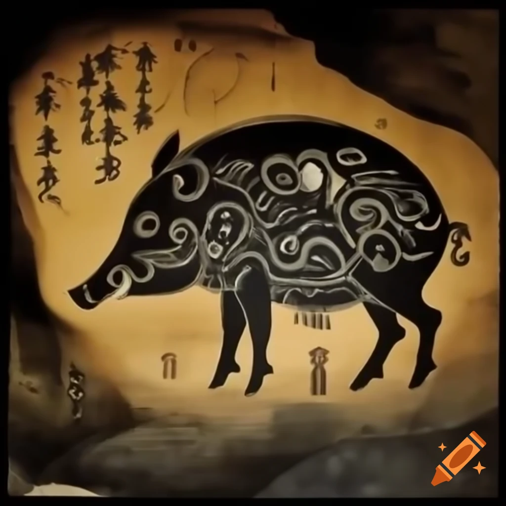 Primitive boar cave art mural in Japanese art style