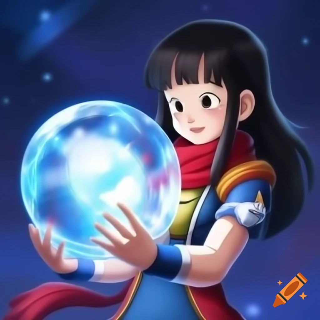 Anime girl holding a snow globe in Dragon Ball Z and Chrono Trigger art style