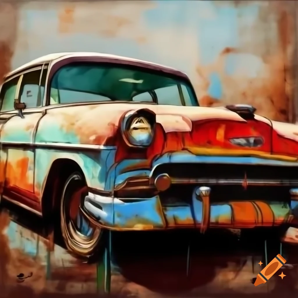 Realistic colored pencil drawing of a weathered classic 1960s automobile rusting peacefully