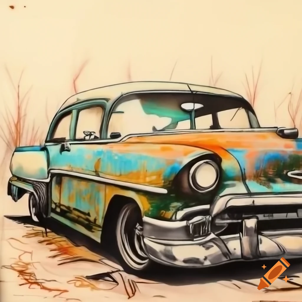 Realistic colored pencil drawing of a weathered classic 1960s automobile rusting peacefully