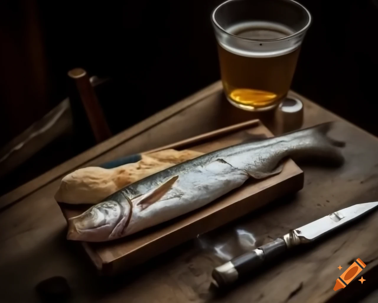 Still life on weathered wooden table with dried fish, knife, beer, and cigarettes