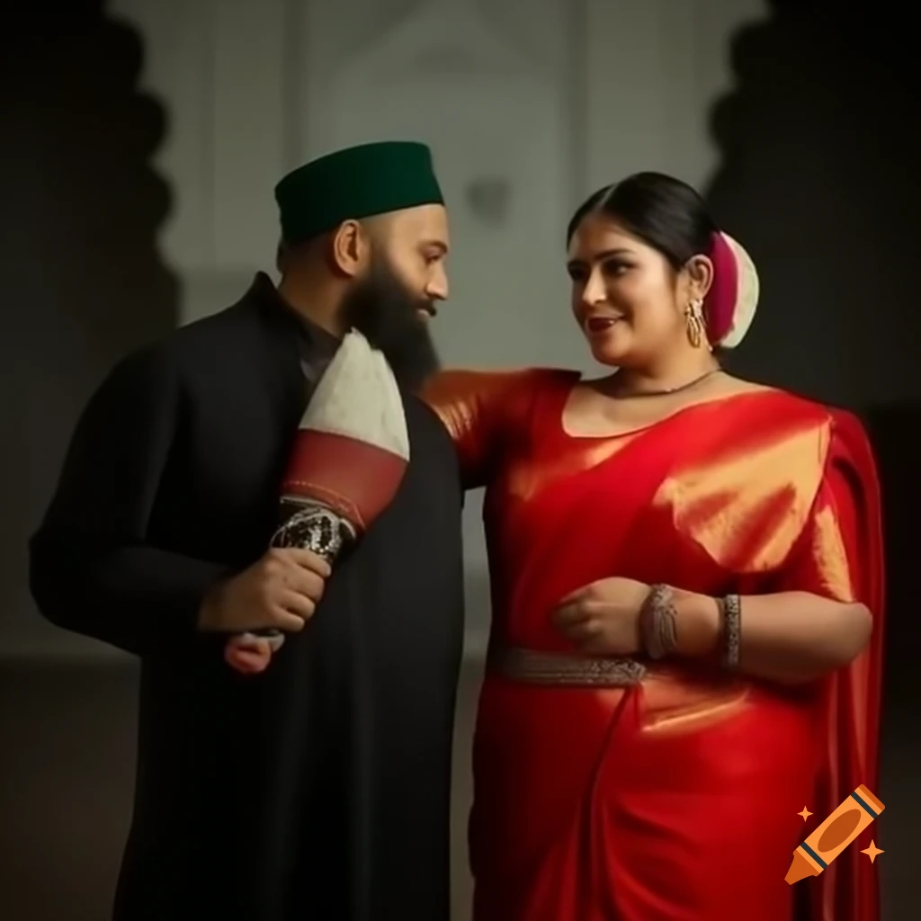 Interfaith couple in a mosque, Hindu woman in red saree with Muslim man in skull cap
