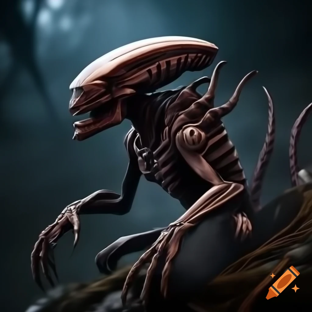 Ultra realistic xenomorph on a hill surrounded by mist at night