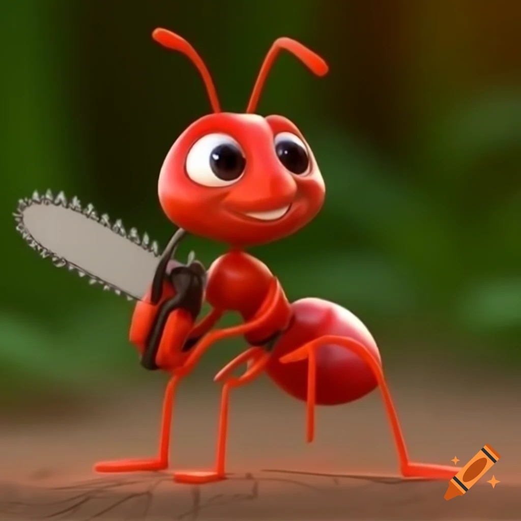 Cartoon red ant holding chainsaw on Craiyon