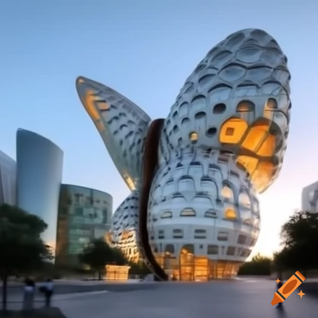 Architectural design of a butterfly-shaped building on Craiyon