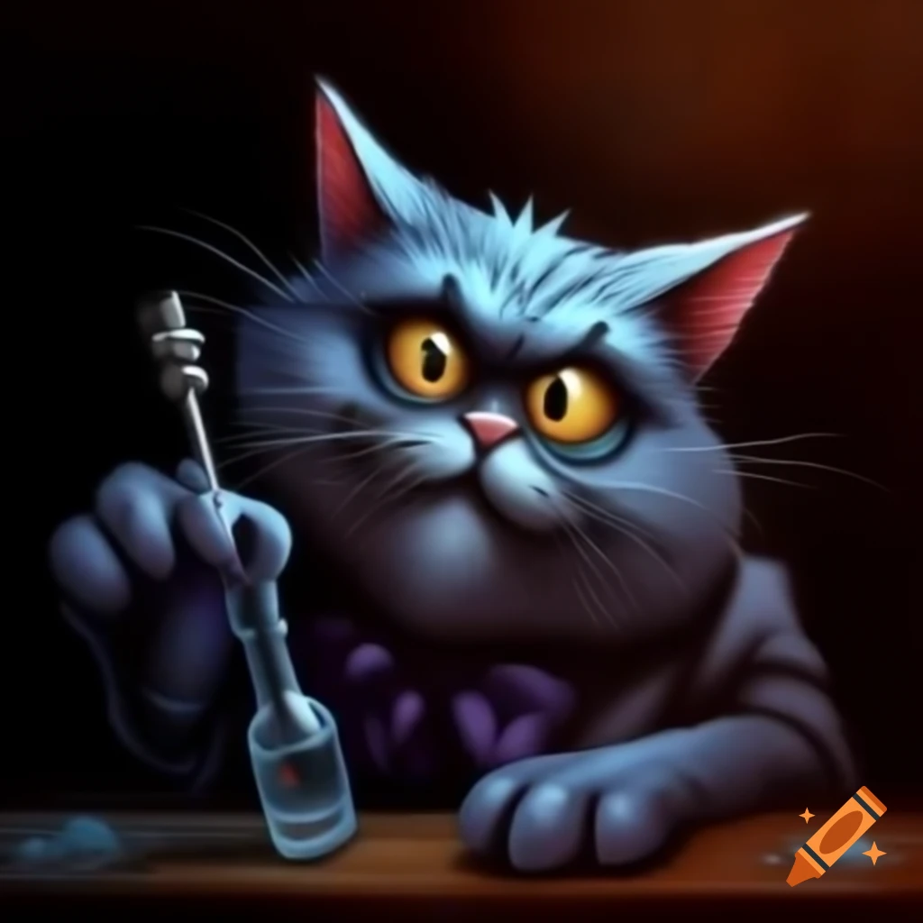 Cartoon Cheshire Cat with sharp features and piercing blue eyes offering a  vial, vampire elements on Craiyon, image size:1024x1024